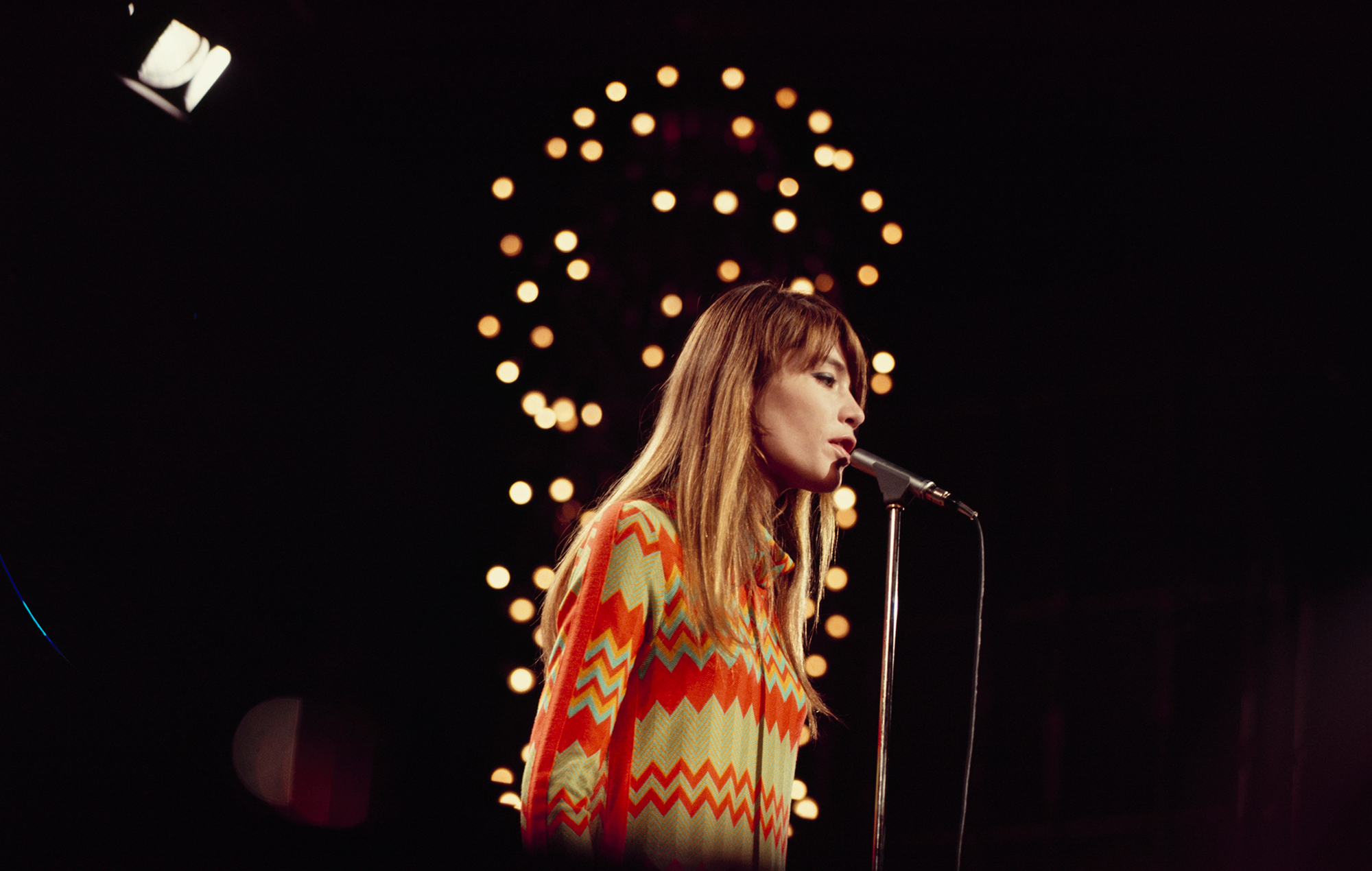 Francoise Hardy performing on stage at the Talk of the Town in London, England circa 1968, photo by David Redfern/Redferns via Getty Images