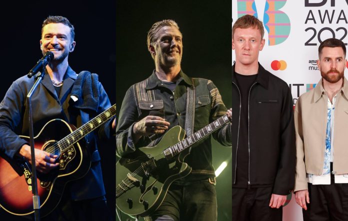 Justin Timberlake, Queens Of The Stone Age's Josh Homme and Bicep. Credit: Kevin Mazur, Harmony Gerber and JMEnternational via GETTY