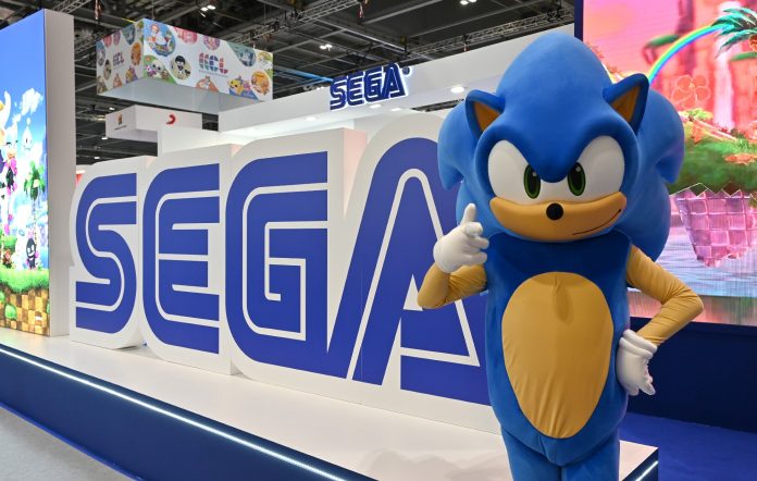 Sonic The Hedgehog poses at the SEGA stand during the Brand Licensing Europe event.